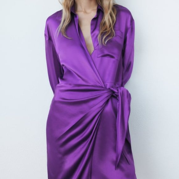 SOLD || Zara Purple Satin Effect Wrap Dress- Size L - Picture 8 of 13